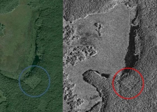 圆圈所示的方形，似是人造建筑。