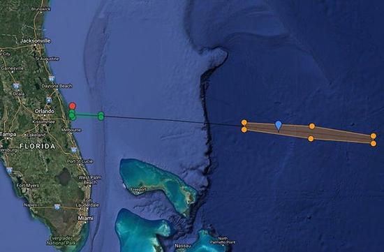 此次海上回收平台停驻点(蓝色气泡)与禁航区(右侧黄色区域)