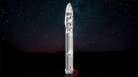 SpaceX公司星际运输系统中超级火箭BFR与人体的对比图,右下角圆圈内为人体大小。