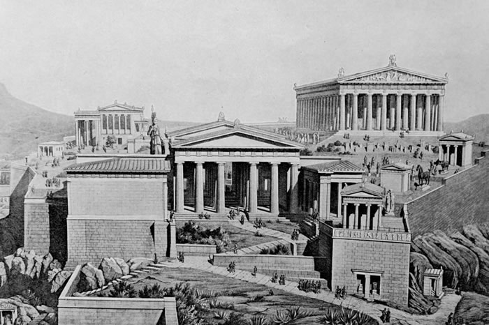 雅典卫城是民主史上的重要象征，但古希腊人的民主制度有不少层面没有流传到现代。 LLUSTRATION FROM UNIVERSAL HISTORY ARCHIV