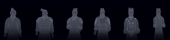 由左至右分别为：轻装武士、铠甲武士、低阶军吏、中阶军吏、高阶军吏（将军）、战车御手。（摄影：O. LOUIS MAZZATENTA，《国家地理》杂志2012年6