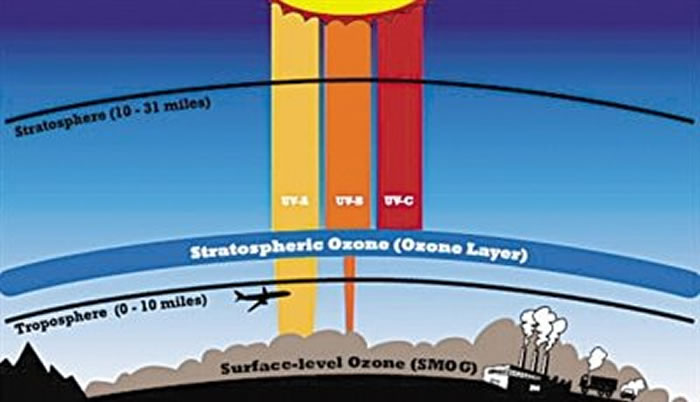 平流层中的臭氧层阻挡有害紫外辐射到达地球表面，伽马射线暴将消耗臭氧层，让紫外线辐射通过。